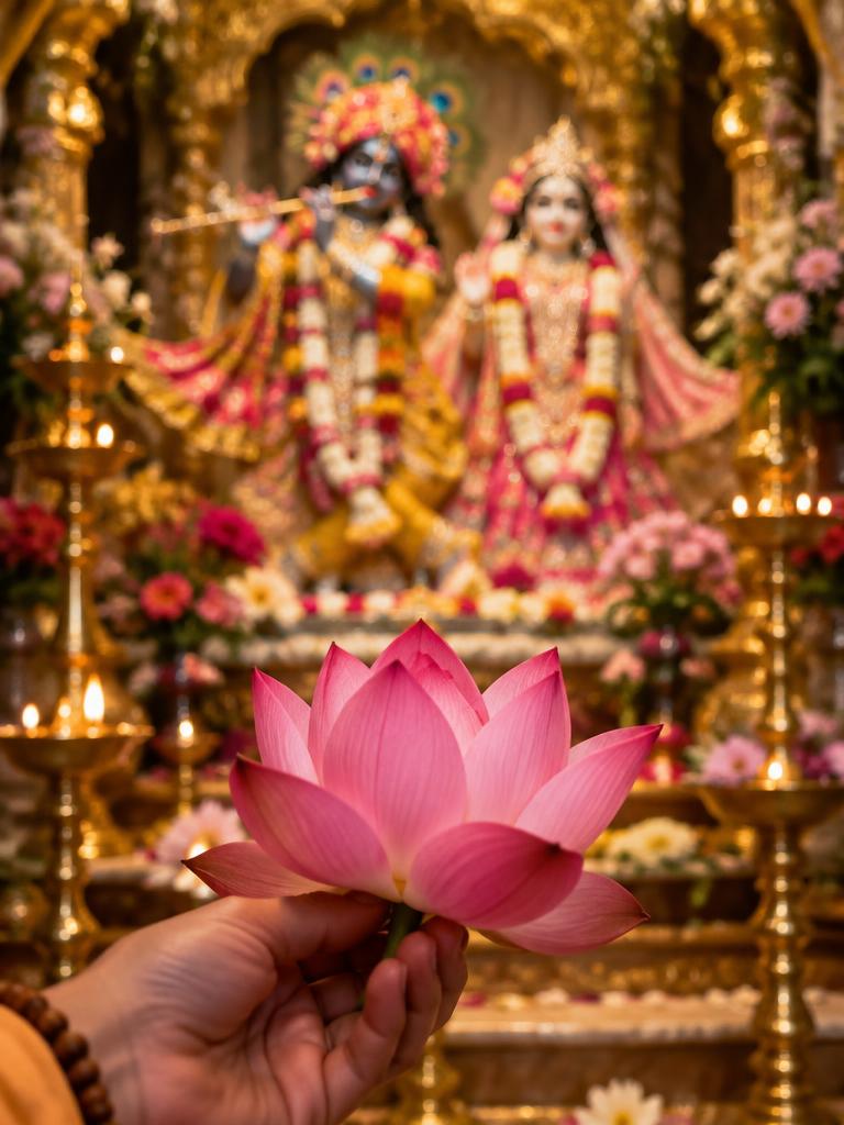 Pink lotus offered before a devotional altar
